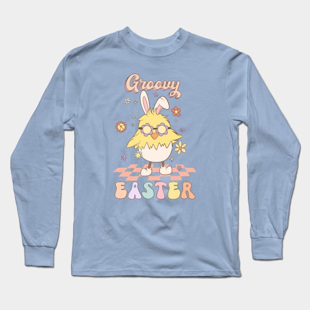 Groovy Easter Funny Chick with Bunny Ears Dancing on the floor Long Sleeve T-Shirt by JDVNart